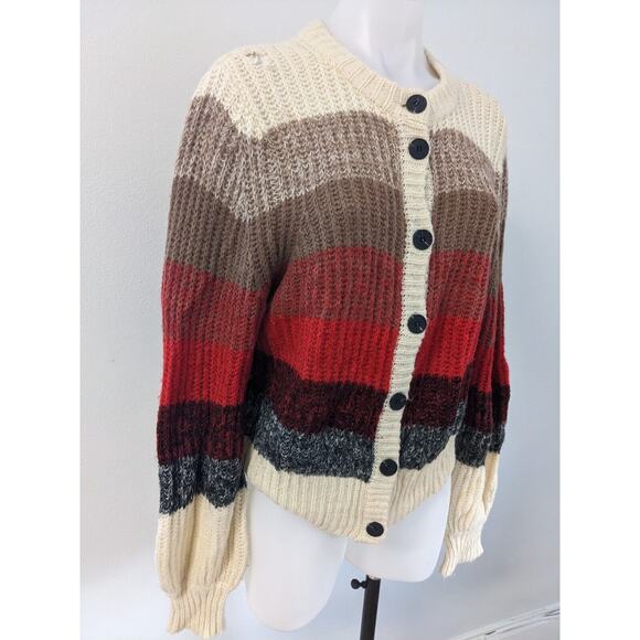 Munthe Size 40 Medium Nippa Striped Cardigan Red Tan Waffle Knit Wool Alpaca - Picture 6 of 12